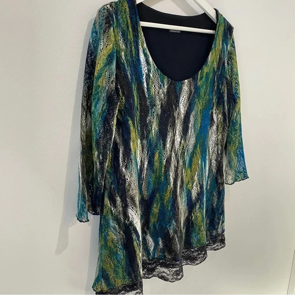 Clientele Watercolor Lace Overlay Frilly Blouse Size M